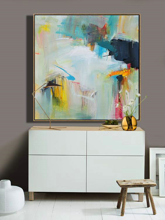 Large Contemporary Art Acrylic Painting,Palette Knife Contemporary Art Canvas Painting,Abstract Art On Canvas, Modern Art,Dark Blue,White,Yellow,Red,Pink.etc